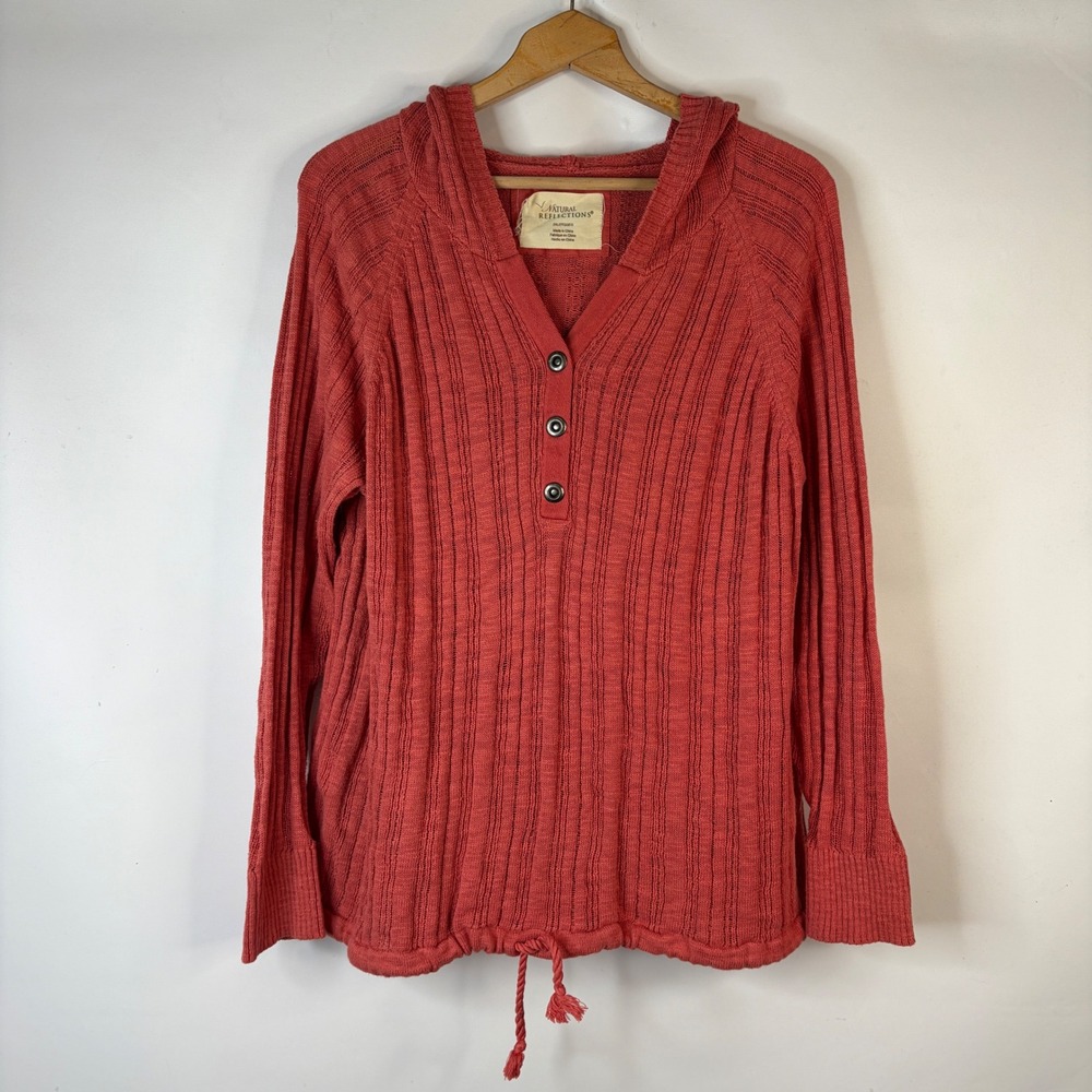 Natural Reflections Hooded Sweater Womens 2XL Coral Pink Henley Drawstring Hem